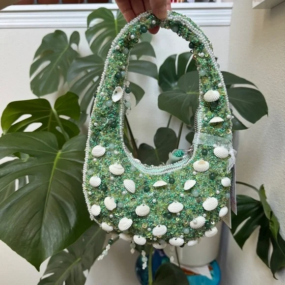 TikTok Viral Fully Beaded Shell Encrusted Green Mini Purse Made in India NWT